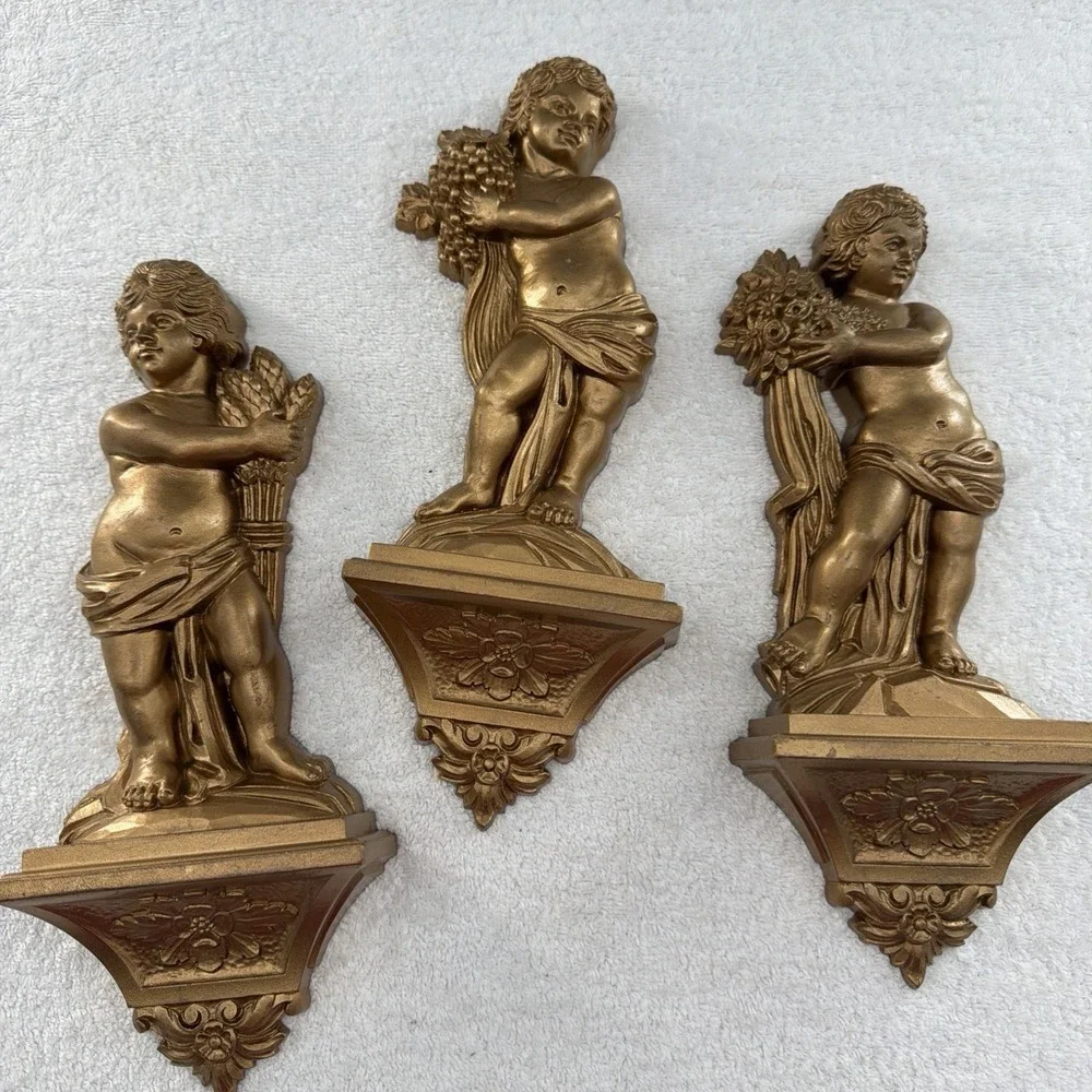 Vintage 3 Gathering The Harvest Cherubs  Wall Decor Plaques Baroque Rococo USA